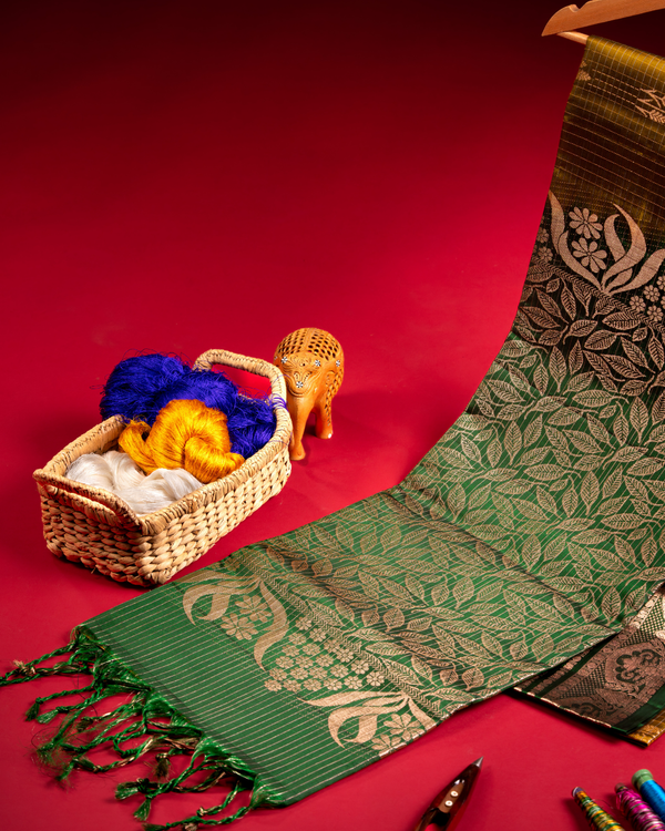 Yellow pattu saree with green