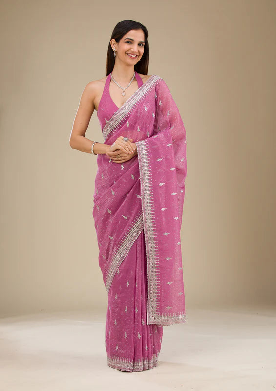 Pink netted saree