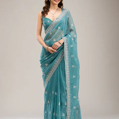 Teal blue netted saree