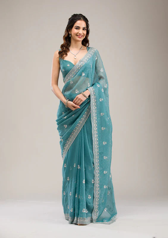 Teal blue netted saree