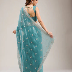 Teal blue netted saree