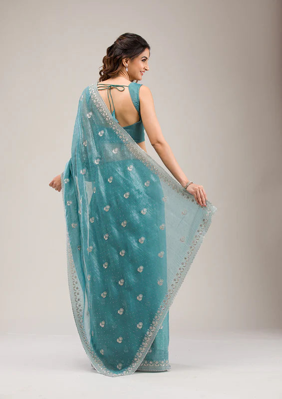 Teal blue netted saree